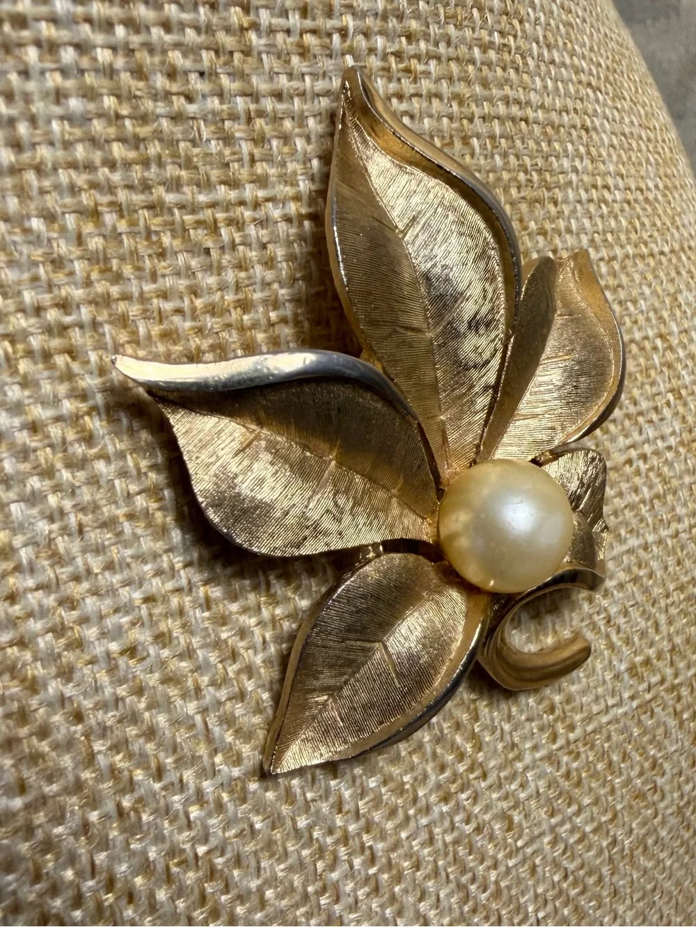 Vintage signed Crown Trifari Brushed Gold-tone Faux Pearl Flower Leaf Brooch Pin